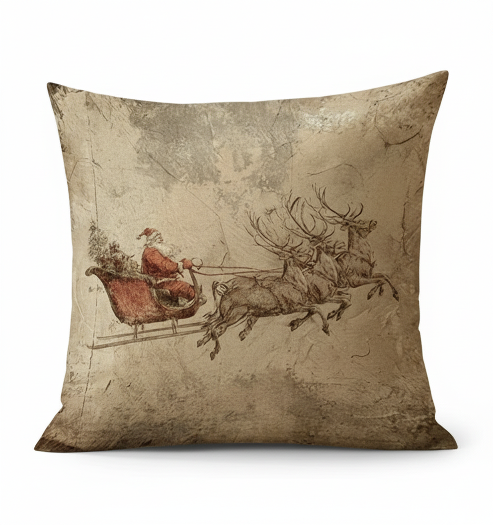 Decorative pillow with vintage-style illustration of Santa Claus in a sleigh pulled by reindeer.