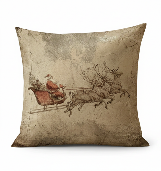 Decorative pillow with vintage-style illustration of Santa Claus in a sleigh pulled by reindeer.