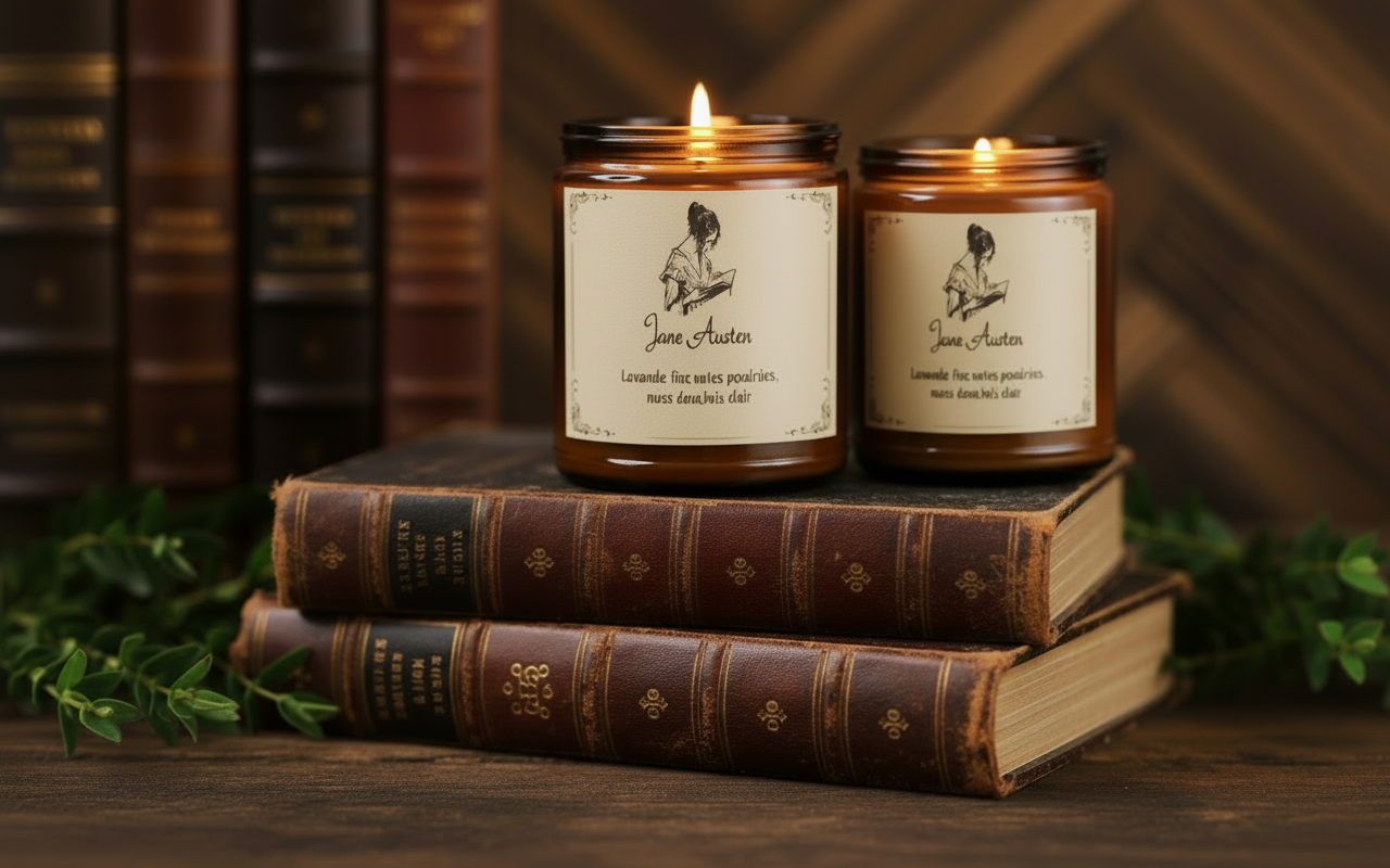 Two Jane Austen-themed candles on vintage books with a wooden background