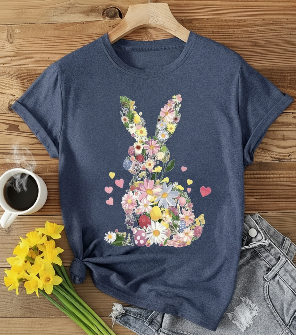 Navy blue t-shirt with floral bunny design on a wooden surface with coffee and flowers.
