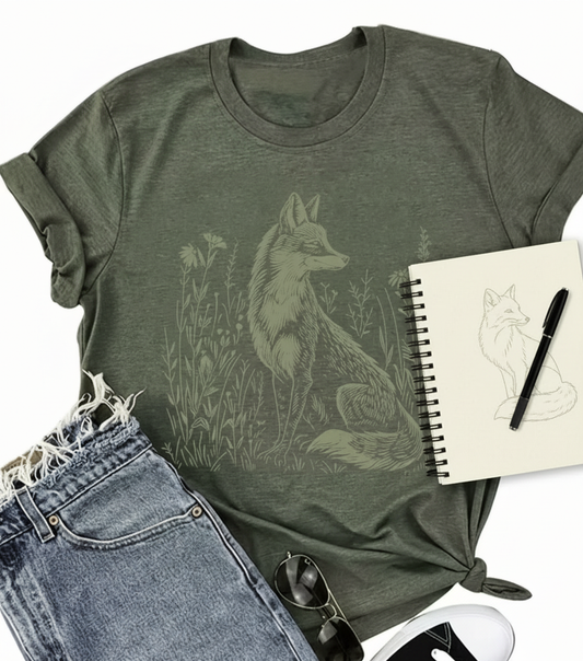 Green t-shirt with fox design, jeans, sunglasses, and notebook on a white background