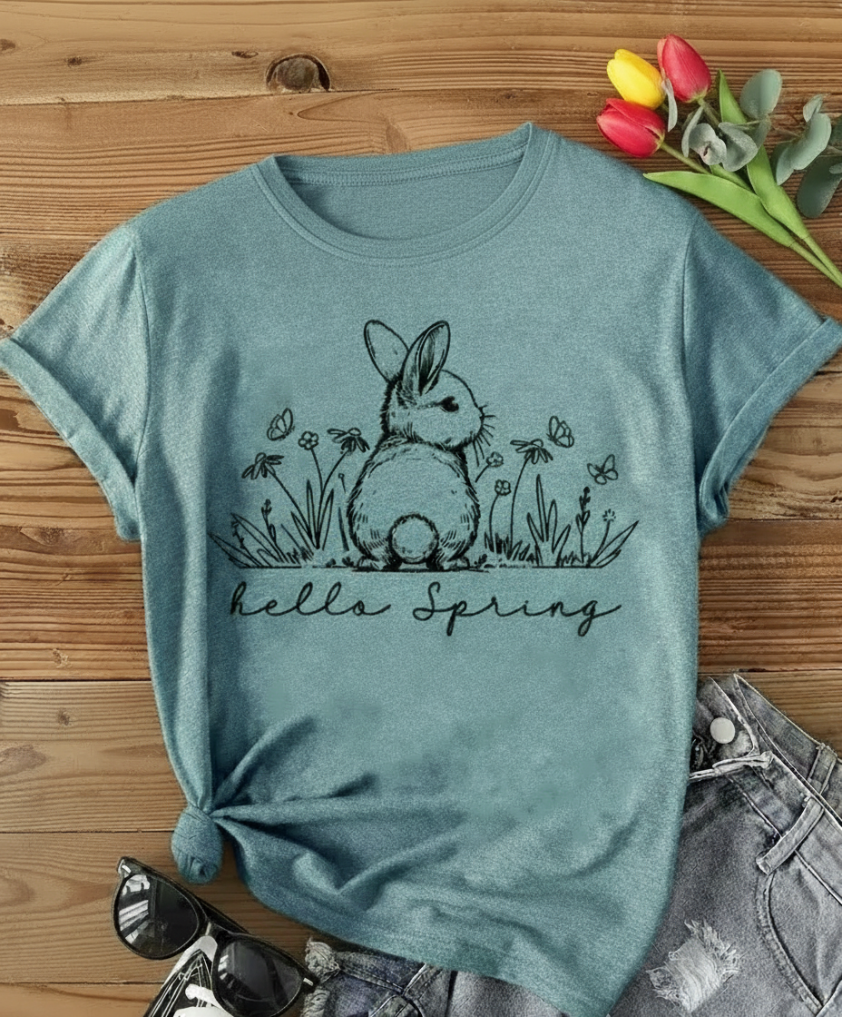 Blue t-shirt with a bunny and 'hello Spring' text on a wooden surface with tulips.