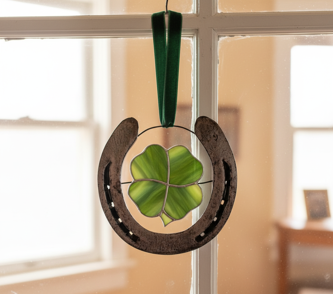 Horseshoe with a four-leaf clover hanging decoration indoors.