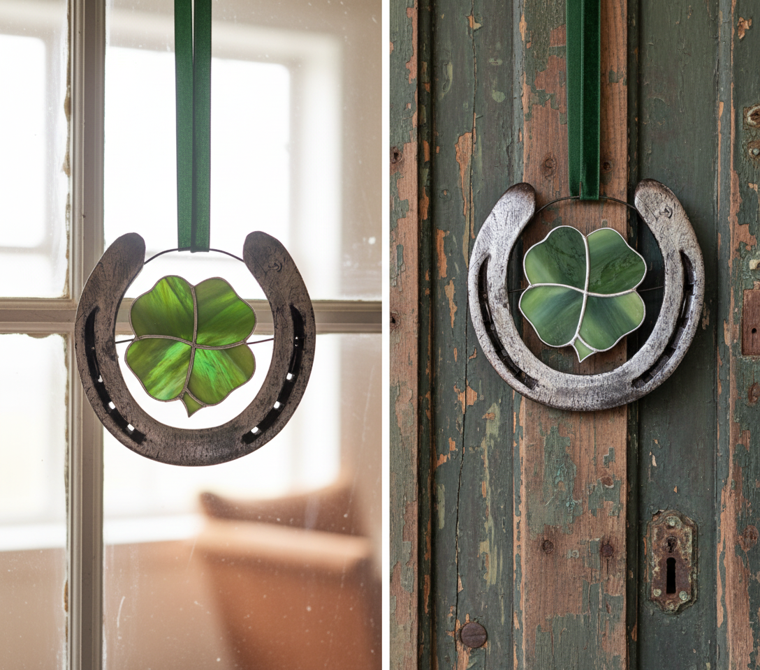 Decorative horseshoe with a four-leaf clover on a wooden door and window.