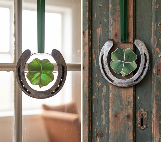 Decorative horseshoe with a four-leaf clover on a wooden door and window.