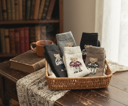 Woven basket with knitted socks featuring bear designs on a wooden table with books and a cup.