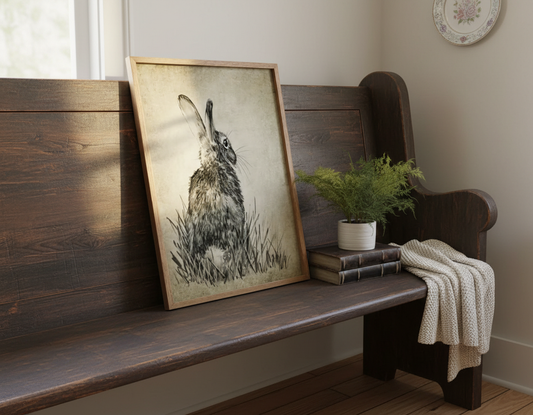 Wooden bench with a framed artwork of a rabbit, books, and a plant in a cozy room.