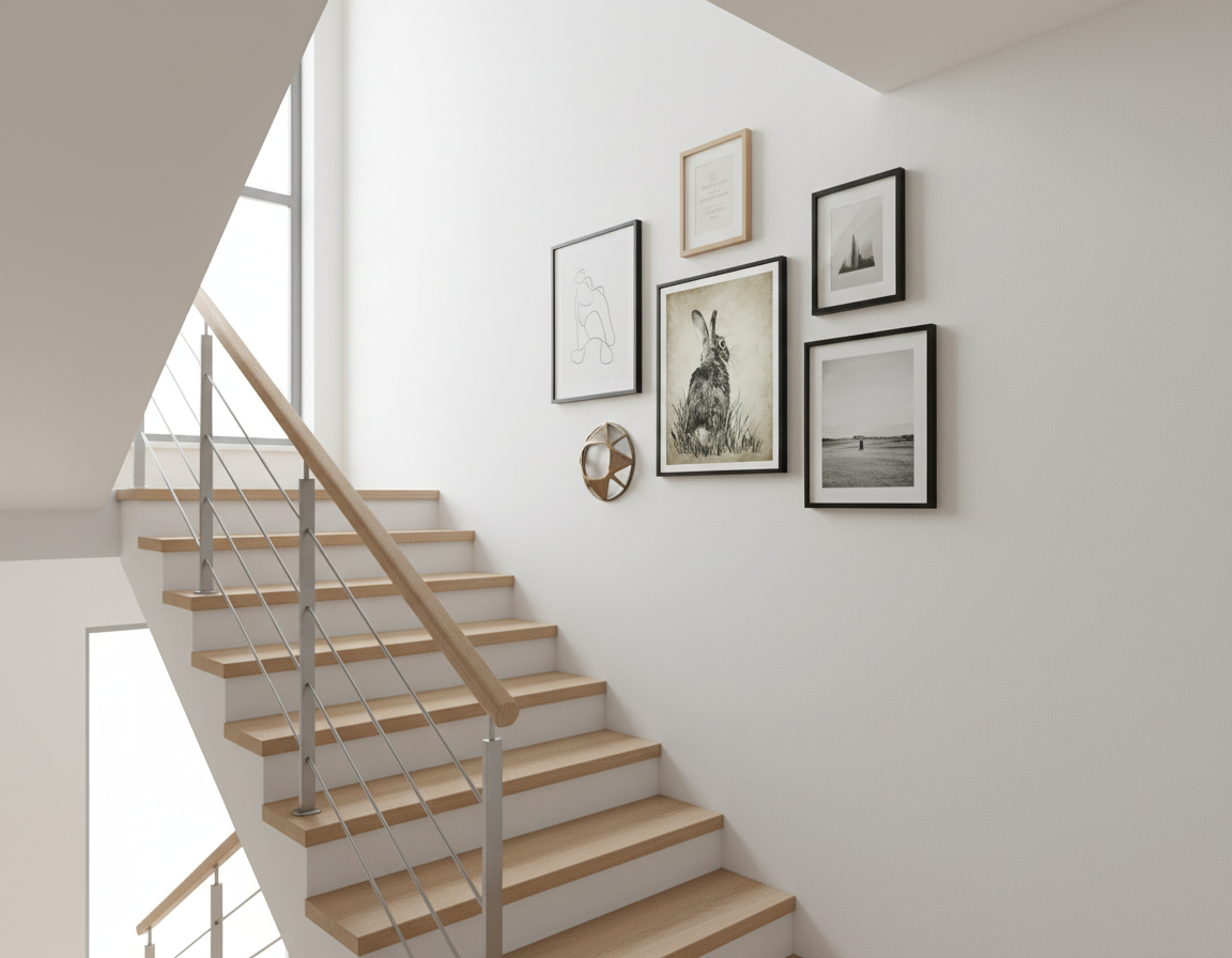 Staircase with wooden steps and glass railings, featuring framed pictures on the wall.