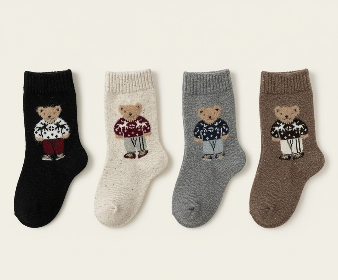 Four pairs of socks with teddy bear designs on a light background
