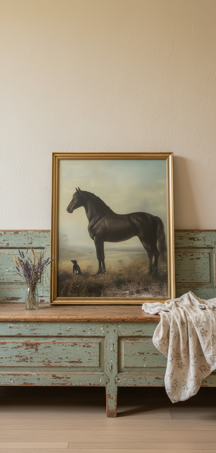painting of a horse on a wooden dresser against a beige wall.