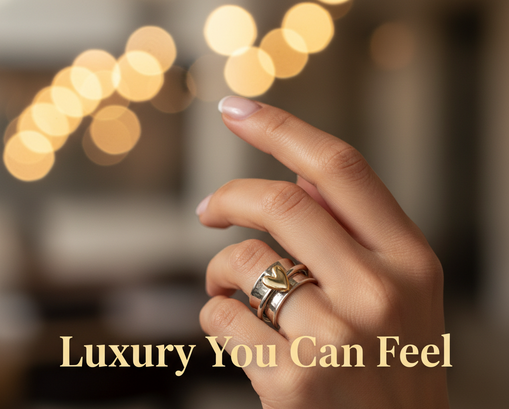 Hand wearing a ring with 'Luxury You Can Feel' text against a blurred background