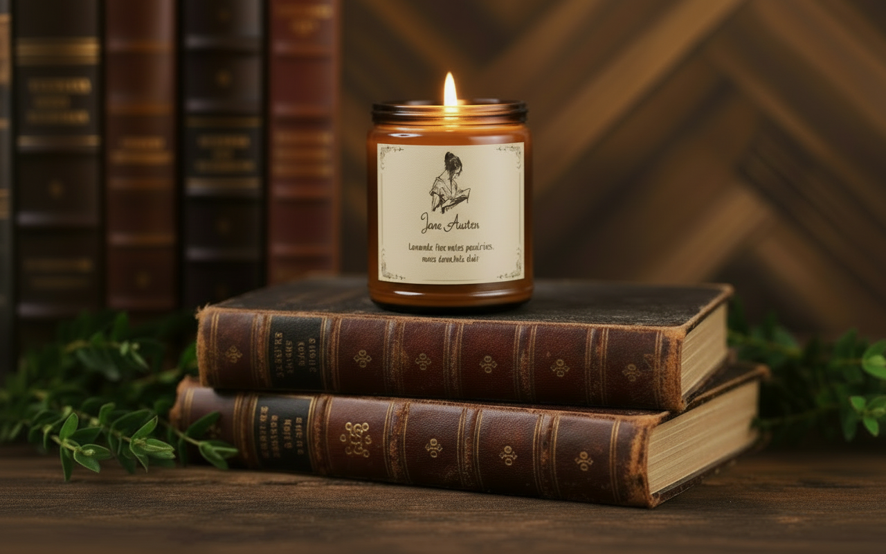 Candle with a label on a stack of books