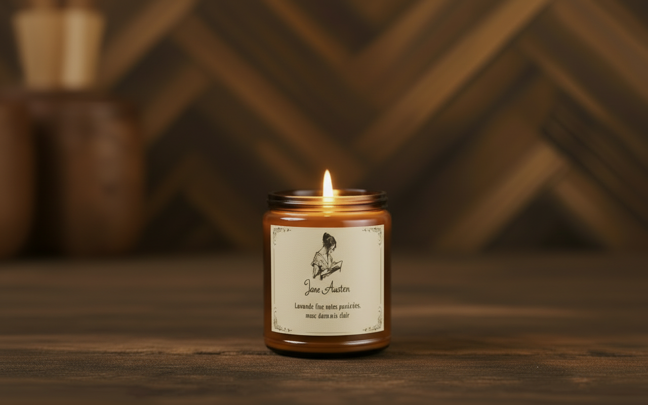 Candle with a label on a wooden surface and blurred background